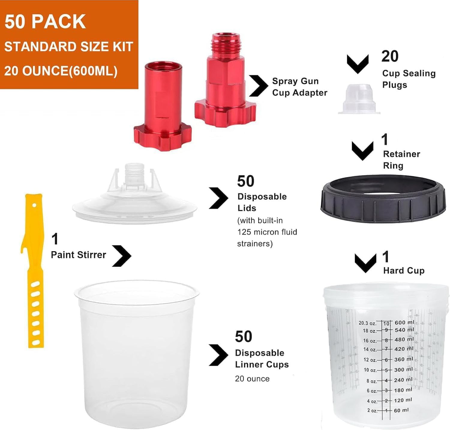 600ml Spritzpistolenbecher Set, Messbecher für lackierpistole, mit 50 Deckeln und 50 Einlagen, 20 Stopfen, 2 Adapter, 1 Hartbecher und Haltering