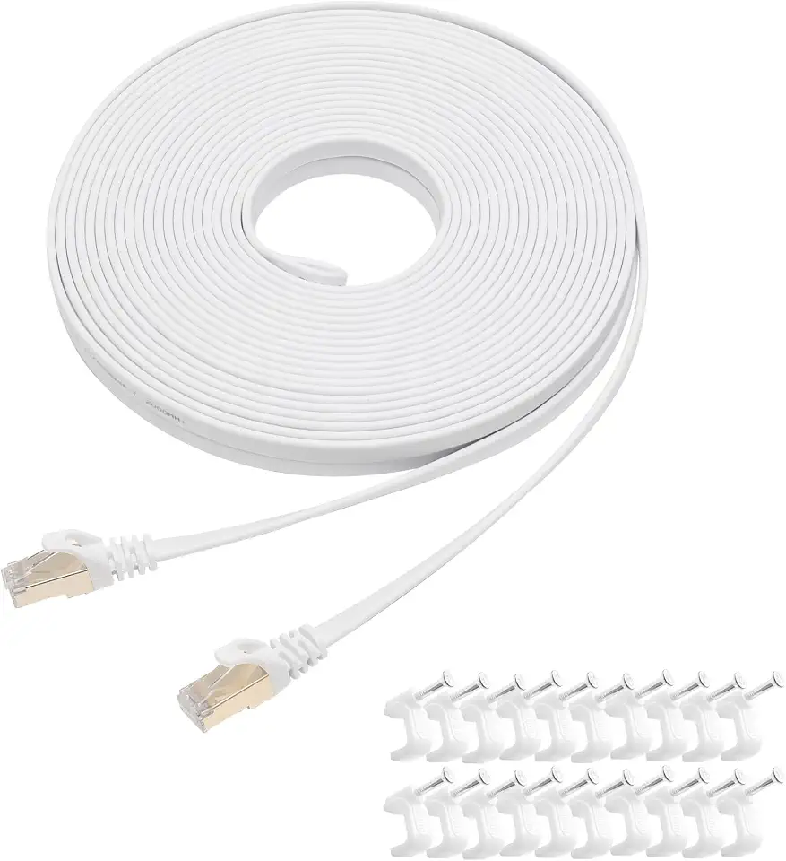 Cat 8 Ethernet Cable 10M White, Flat High Speed Cable, 40Gbps, 2000Mhz Braided Internet Cable, Gold Plated RJ45 Connector for Router/Modem/Gaming/PC (10M)