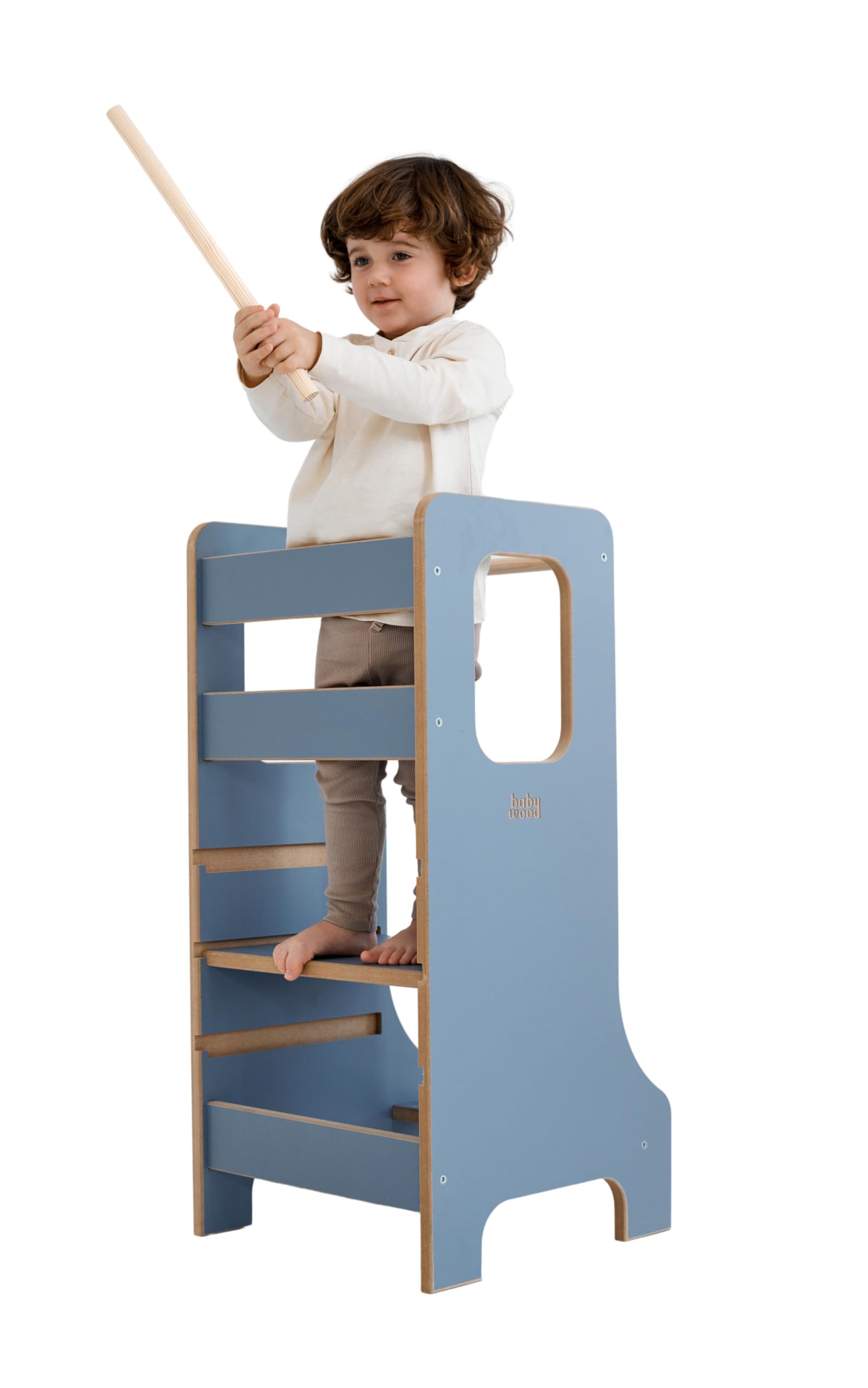 Babywood Babyblue Adjustable Montessori Kitchen Helper Blue | Learning Tower Blue | Wooden Platform | Children's Kitchen Stairs