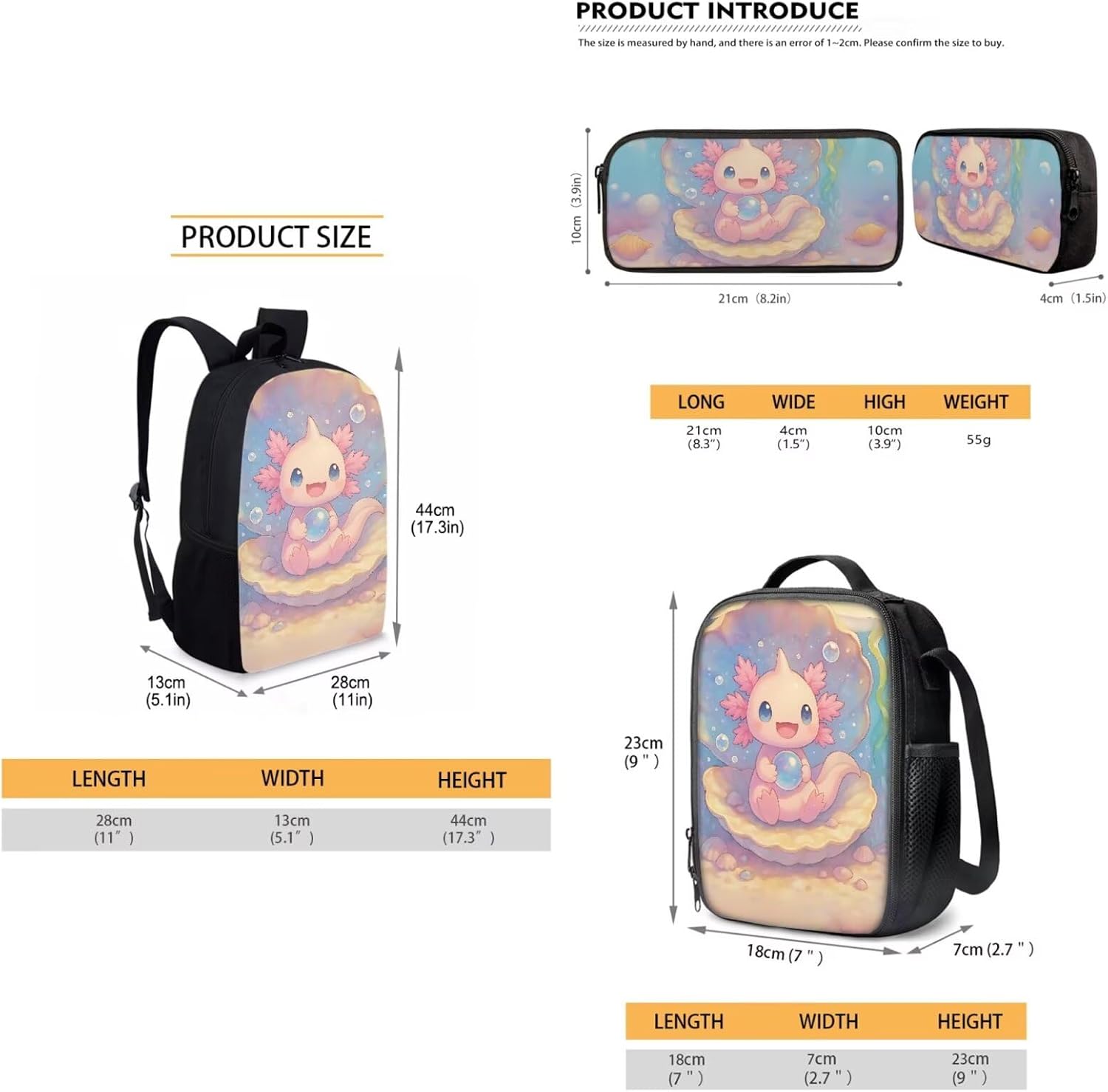 Dolyues 3 Pack Axolotl Backpack Lunchbox Combo Kids Cute Bookbag for Girls Age 6-8 Back to School Book Bags Lightweight 3rd Grade Outdoor Rucksack