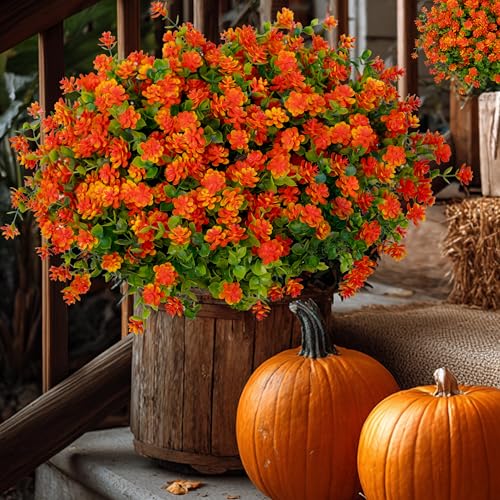 AXYLEX Artificial Fall Flowers Outdoor Fake Mums - 12 Bundles Fake Plants UV Resistant No Fade Faux Plastic Greenery Garden Porch Patio Fall Home Decor (Red Orange) by AXYLEX - Image 4