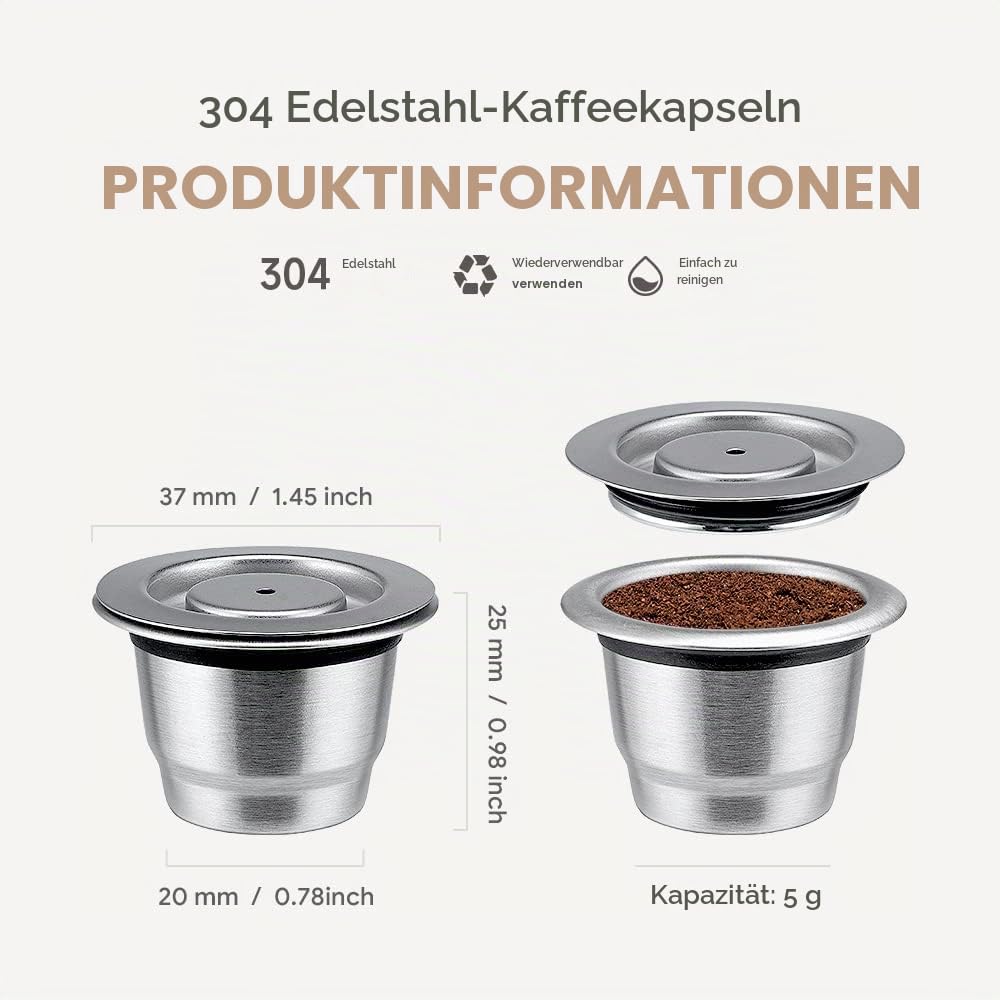 RECAFIMIL Wiederverwendbare Kapseln, 2 Stück wiederverwendbare Kaffeekapseln mit Tamper Edelstahl nachfüllbare Kaffeekapseln kompatibel für Maschine (2 Kapseln + 1 Tamper)