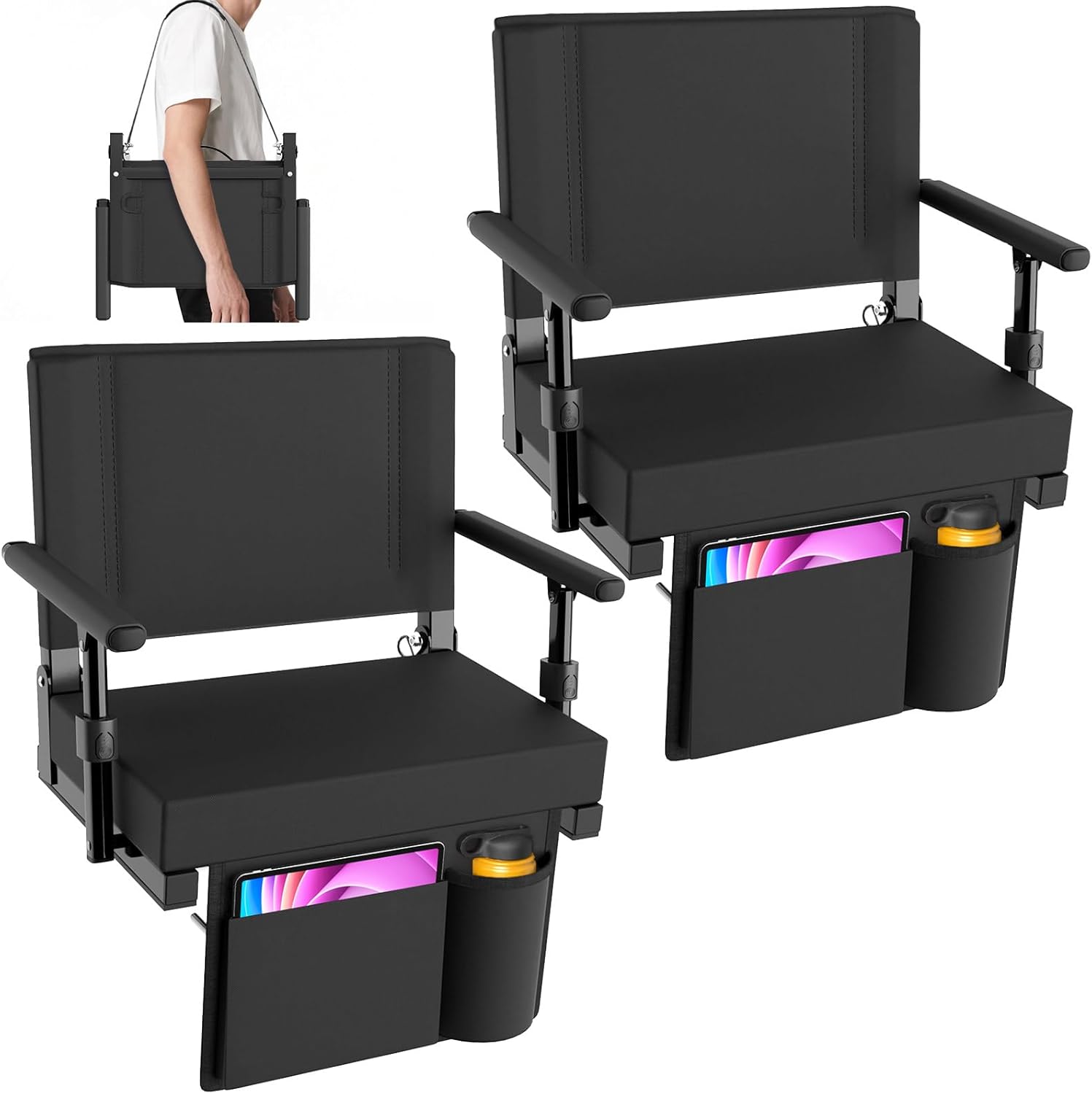 HOPERAN Stadium Seats with Back Support - Bleacher Chairs with Back and Cushion with Armrest, Thick Padded Bleacher Seats Includes Shoulder Strap, Lightweight Portable Stadium Chair