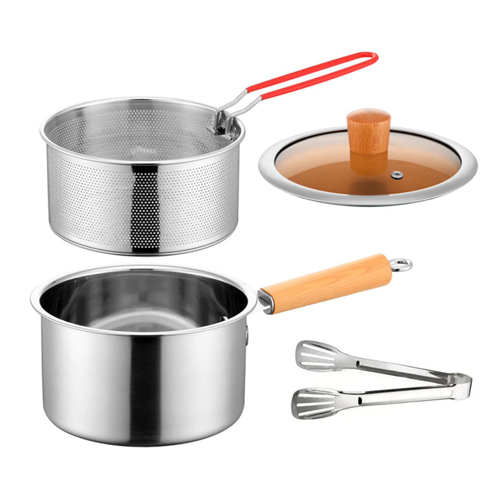 MALSSE Stainless Steel Fryers Set Includes Lid Frying Strainer Basket Tongs Milk Pots Deeply Frying Tool for Cooking Enthusiasts Stainless Steel Fryers Pots