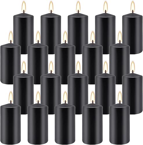 Juego de 20 velas de pilar negras de 2 pulgadas de ancho x 4 pulgadas de alto, decoración elegante para el hogar, eventos y celebraciones, acabado