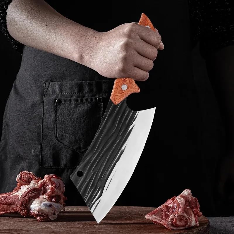 Meat Cleaver,Cleaver Knife 7.1 Inch Forged Kitchen Chef Knives Laser Pattern High Carbon Clad Steel Meat Fish Fruit Vegetables Slicing Butcher Cleaver Knife (Color : Forged Knife)