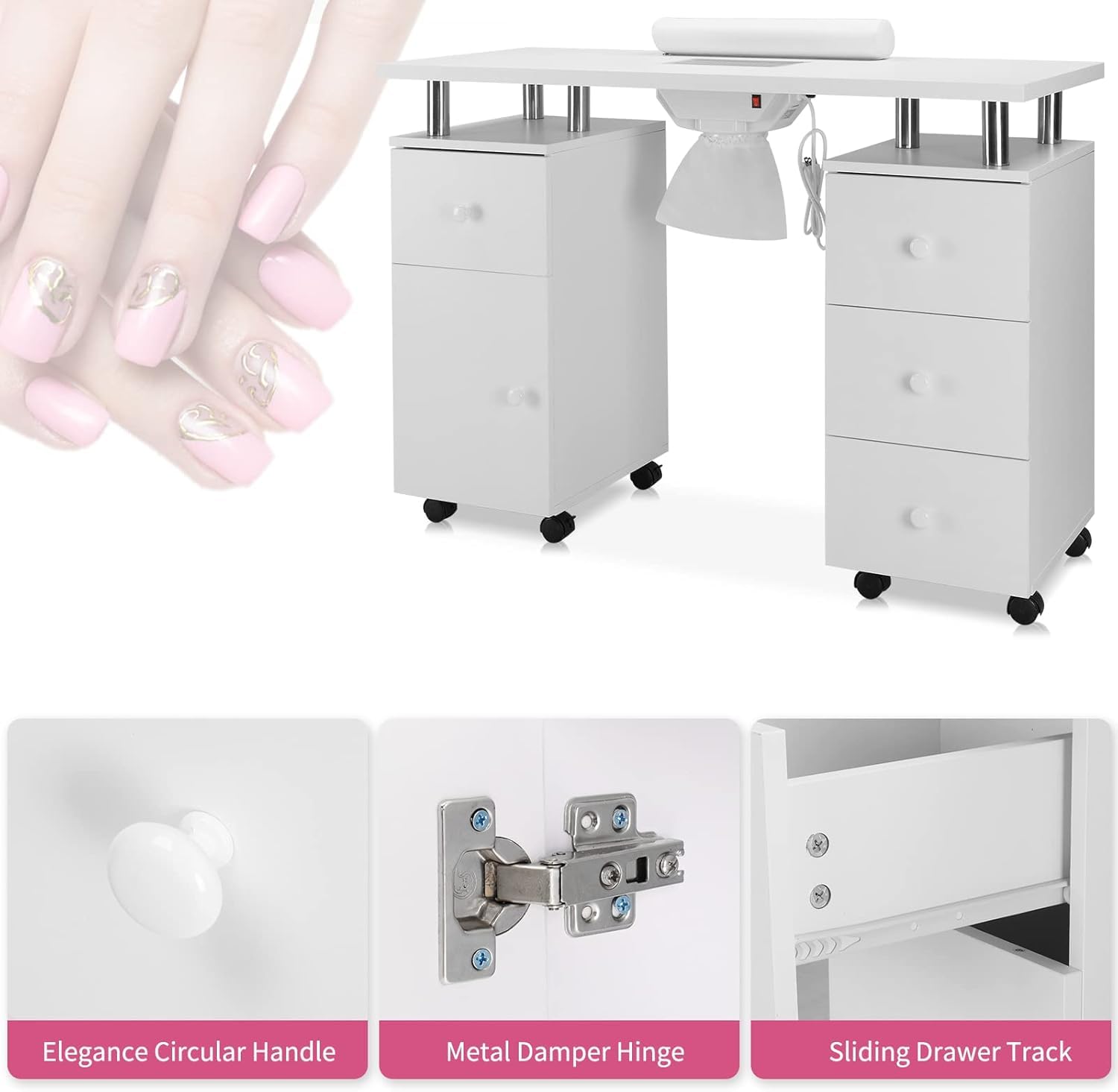 Mesa de Manicura para Uñas con Aspirador,8 Ruedas,3 Bolsas para Polvo, Reposamuñecas, 6 Cajones,Mesa Profesional para Artistas, tatuadores, Estudios y estética (Extra Grande Blanco)