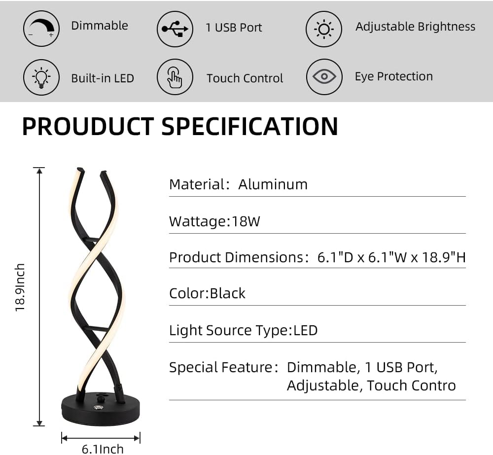 LED Modern Table Lamp, Stepless Dimmable Spiral Table Lamps for Bedroom, 3 Colors Touch Control Bedside Nightstand Lamp with 1 USB Charging Ports, Desk Lamps for Living Room Office (Black)