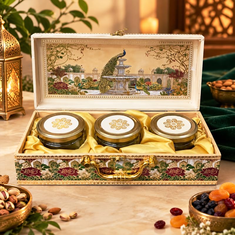 Image of Brijbooti Dry Fruits Gift Pack 510g | Premium Dry Fruits Gift Box | Almonds & Cashew Mix, Khajoor & Mix Berries | Diwali Gift Hamper | Diwali Gifts for Employees | Corporate & Festive Gift | 3 Jar Pack | Premium Peacock Design Suitcase