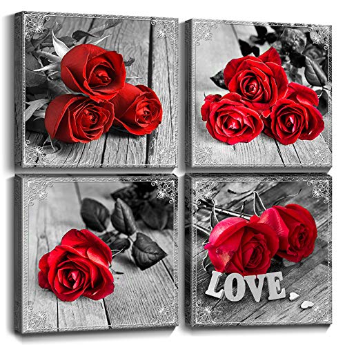 Red Bathroom Accessories Rose Canvas Wall Pictures for Living Room Decor Couples Bedroom Flower Posters 12x12