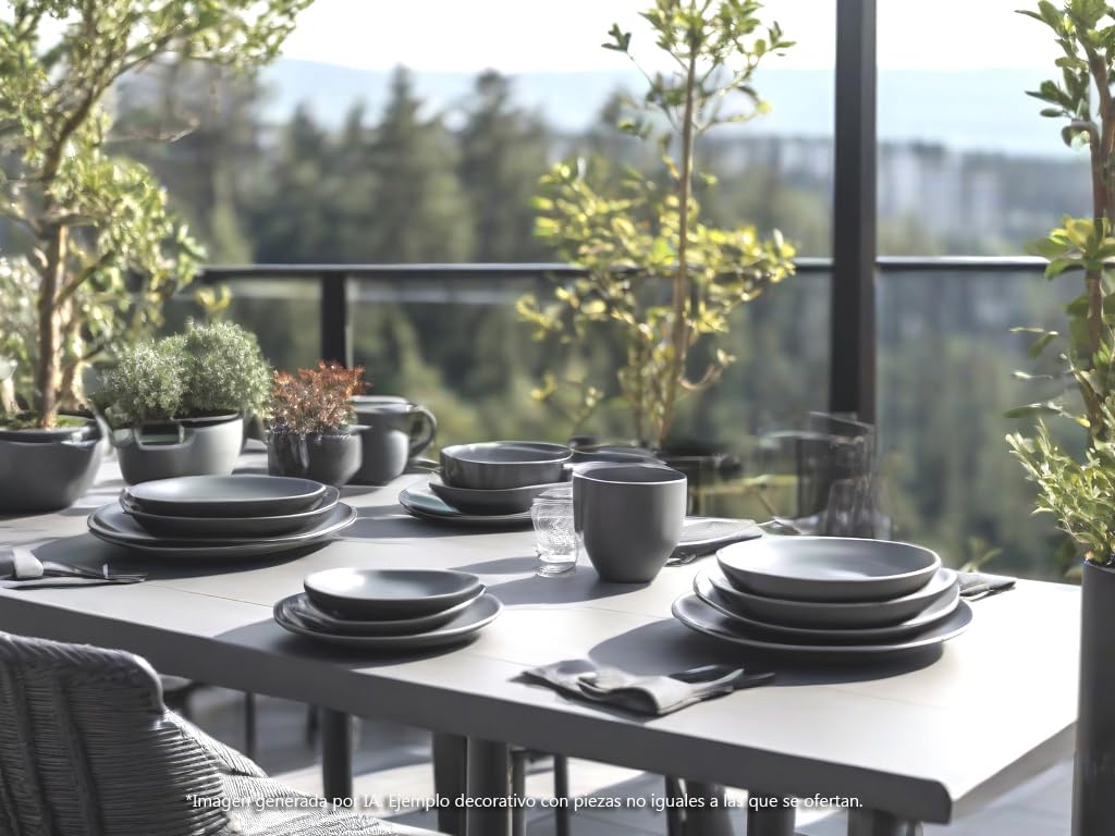 Vajilla Ceramica Santa Elena 18 Piezas Modelo Luna - Color Gris- Servicio para 6 Personas - Apta para Lavavajillas y Microhondas - Resistente Manchas y Arañazos - Diseño Ergonómico - Limpieza Fácil.