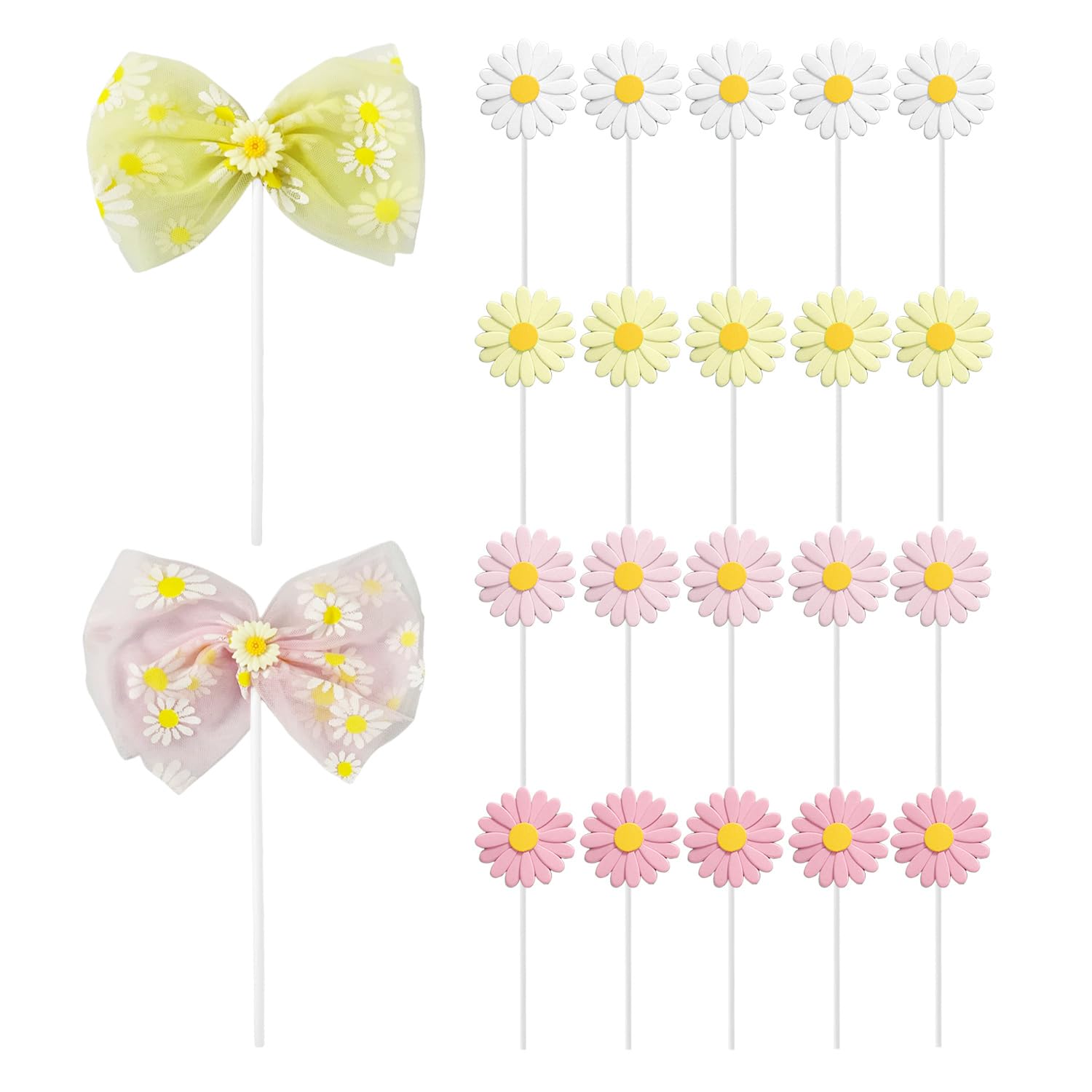 Ubsiuh Only Daisy 20 Daisy Inserts, 2 Bow Plug-Ins, Cake Decorations, Flower-Shaped Inserts, Dessert Decorations, Party Party Accessories.