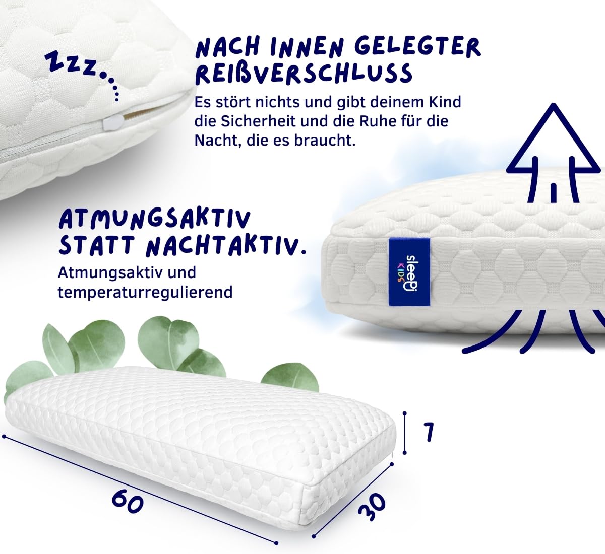 sleepi® Kids Comfort | Comfort Nackenstützkissen für Kinder ab 3 Jahre | 60 x 30 x 7cm | ergonomisches Kinderkissen | Orthopädisches Kissen | Kindernackenstützkissen