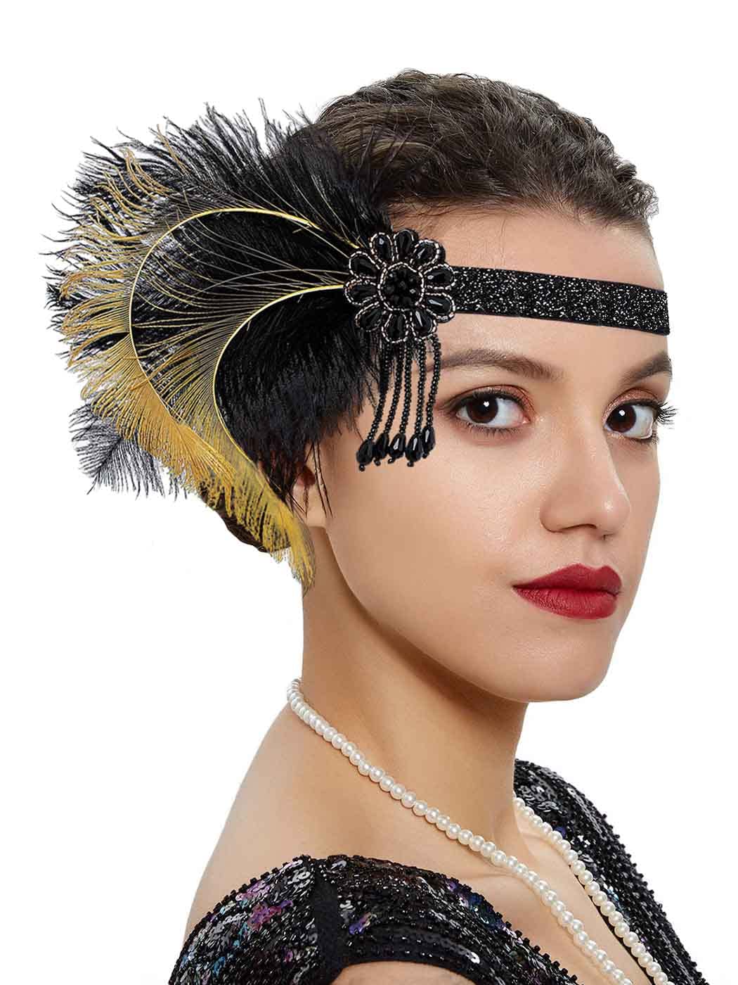 Yokawe 1920s Flapper Headpiece Rhinestone Feather Headband Roaring 20s Great Gatsby Hair Accessories for Women (C)