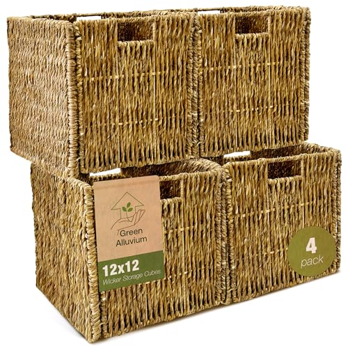 4 Pack Collapsible Storage Bins - 12x12 Wicker Storage Cubes, 12 inch Storage Baskets For Organizing, IKEA Shelves, Kallax Inserts, Closet, Office – Foldable Storage Basket For Shelves, Toys, Clothes