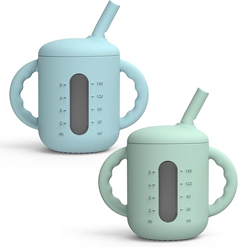 Miniatura 1 de Seposeve Paquete de 2 vasos de silicona para beber, a prueba de fugas, para bebés de 6 a 12 meses, a prueba de derrames, con popote de 1 a 3 años,