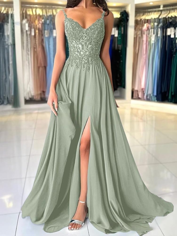 shownicer Abito Cerimonia Donna Vestito Lunghi Eleganti Matrimonio Abito da Sera in Chiffon Vita Alta Scollo A V Abiti in Pizzo Vestiti con Spacco