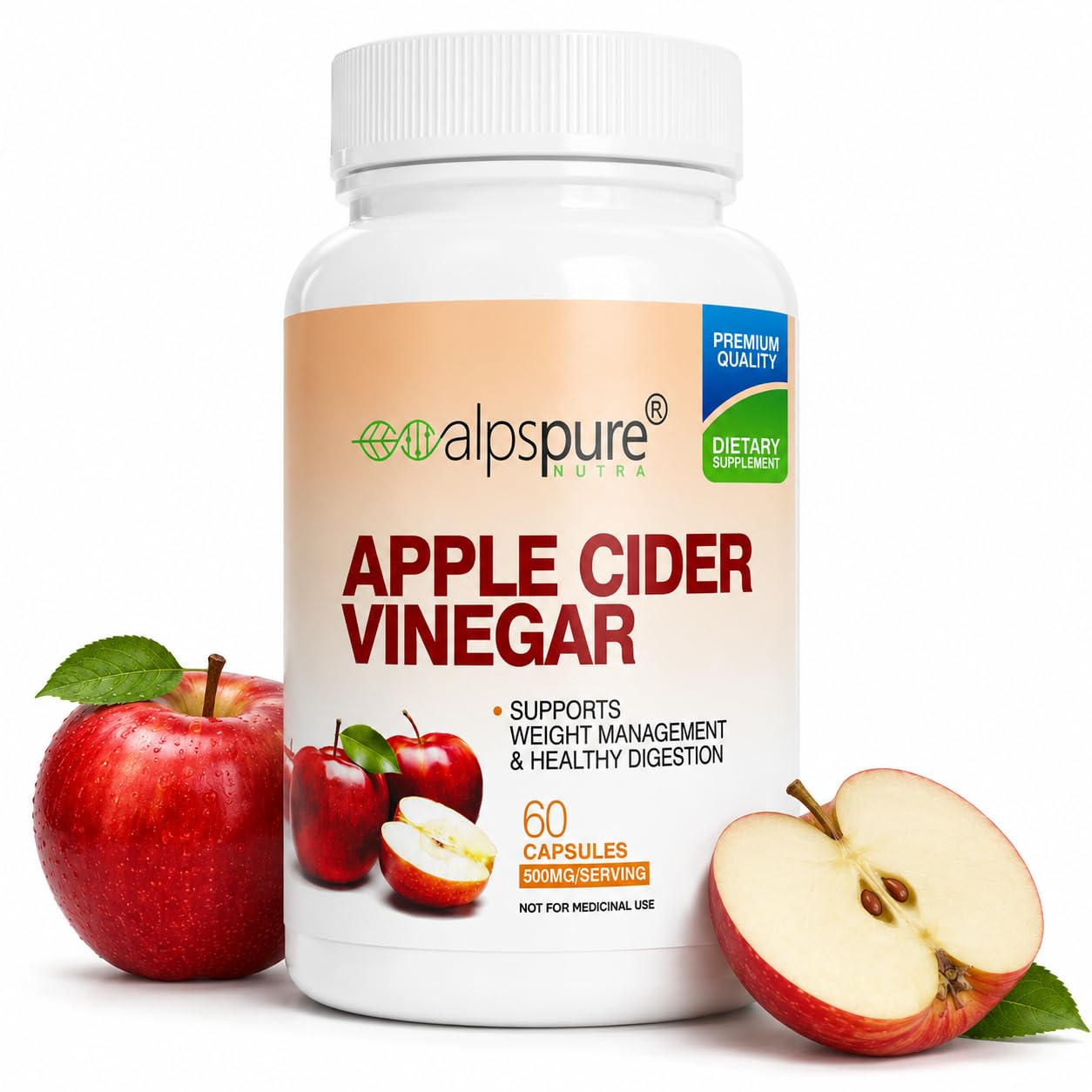 Alpspure Nutra Apple Cider Vinegar Capsules (60 Veg Capsules) | 500 Mg Per Serving | Supports Weight Loss | Boosts Metabolism | Improves Skin Health | Natural Fat Burner | For Men & Women