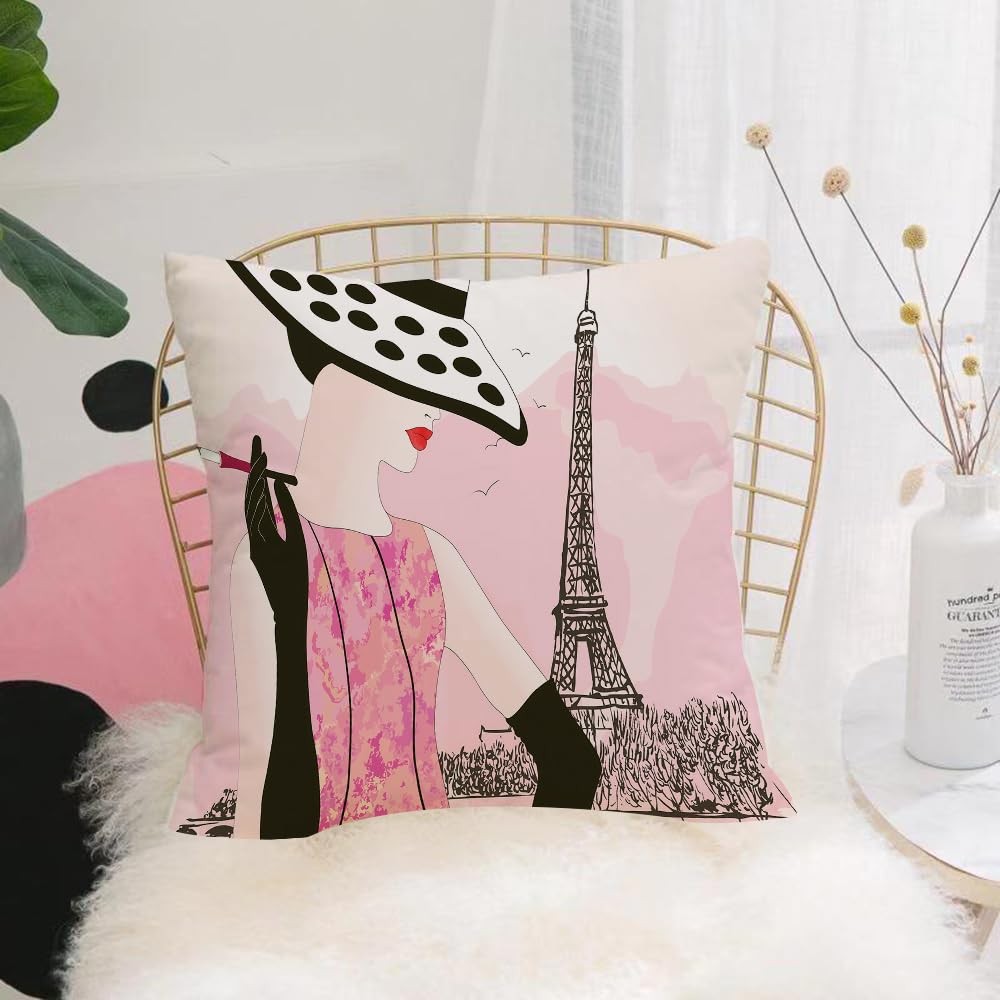 HYOSXW Cushion Cover,Throw Pillow Case Home Decorative for Living Room Bedroom Sofa Chair 16X16 Inch,Girl in polka dot hat and Eiffel Tower on the background of Paris,Pillowcase 40X40cm