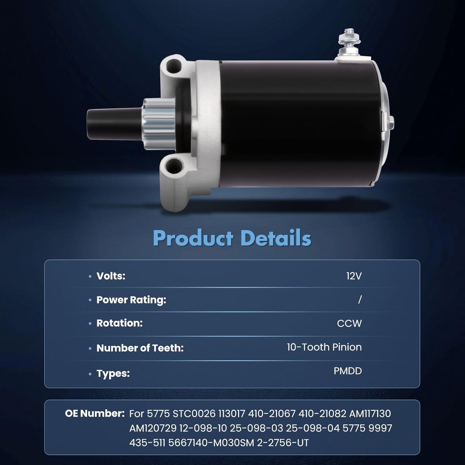 ECCPP Starter Motor Fit for 1989-1993 for John Deere STX30 Kohler 9HP;Replace STC0026 AM117130 5775;12 Volt, CCW, 10-Tooth Pinion