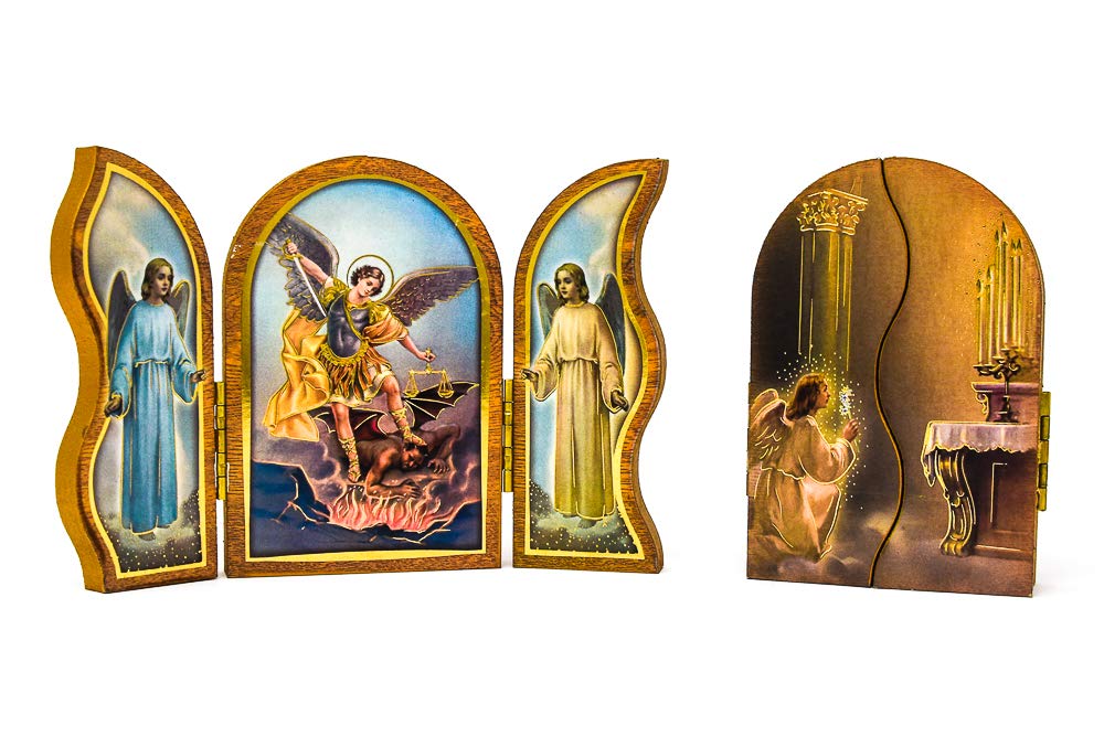 Catholic Gift Shop Saint Michael Wood Plaque Triptych & Lourdes Prayer Card
