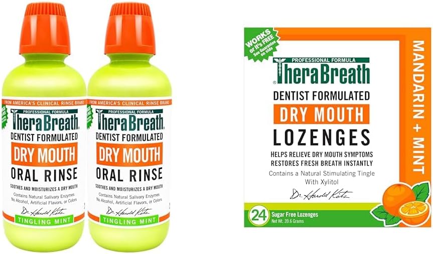 TheraBreath Dry Mouth Oral Rinse, Tingling Mint, Dentist Formulated, 16 Fl Oz (2-Pack) & Dry Mouth Dentist Formulated Sugar-Free Lozenges, Mandarin Mint, 24 Count