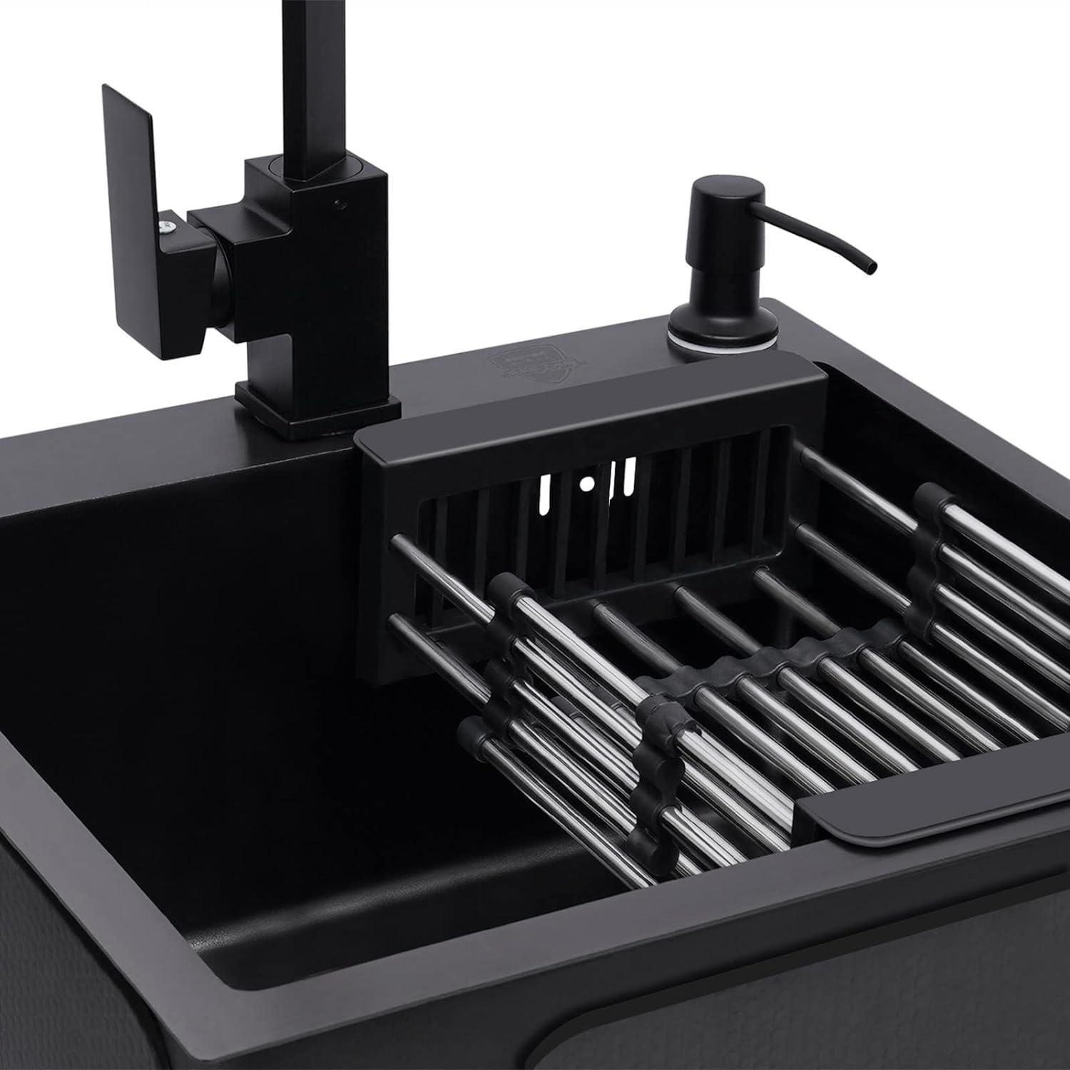 Spüle, Spülbecken Edelstahl mit Armatur Schwarz, Einbauspüle Küchenspüle Granitspüle für 45 cm Unterschrank, mit Küchenarmatur 360° Drehbar, Seifenspender, Über und Ablaufgarnitur