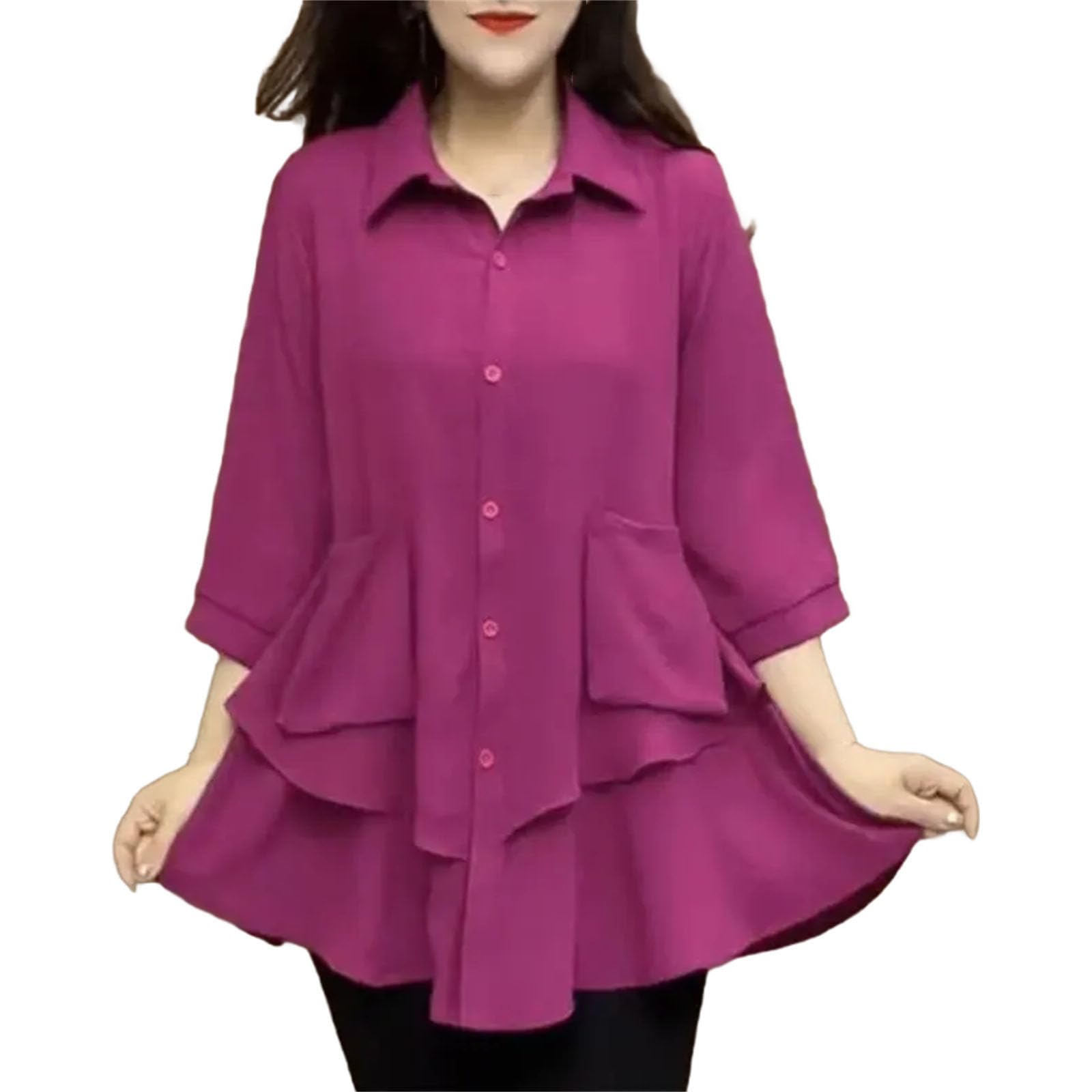 Blusa holgada con bolsillos de retazos para mujer, con solapa, manga 3/4, color liso, camisa de un solo pecho