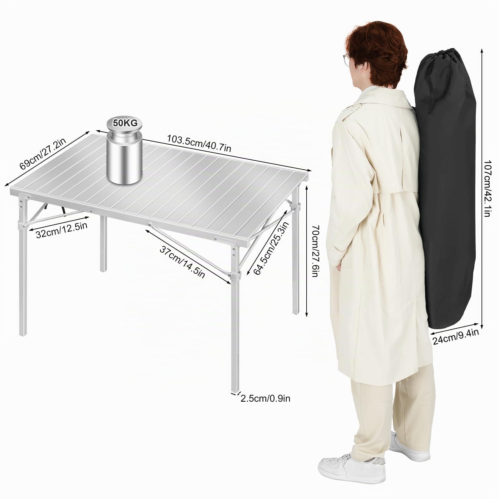WOLTU Tavolo Campeggio Pieghevole in Alluminio Tavoli Richiudibili Portatile da Giardino Picnic Buffet Tavolino da balcone, Esterno/Interno, Elevata capacità di carico 104×69×70cm Argento