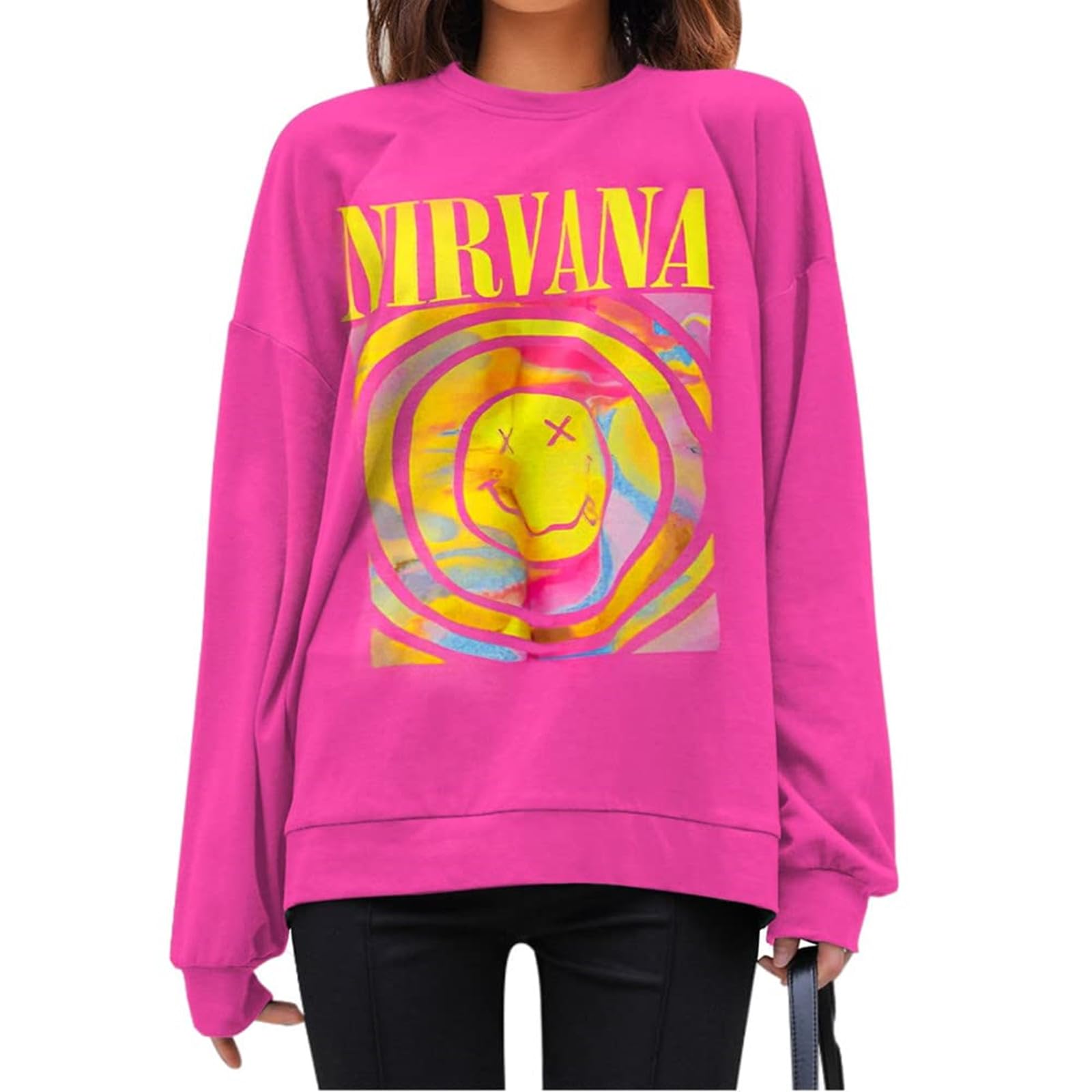 N\PWomen's Pullover Long Sleeve Pullover Red Round Neck Smiley Print Pullover