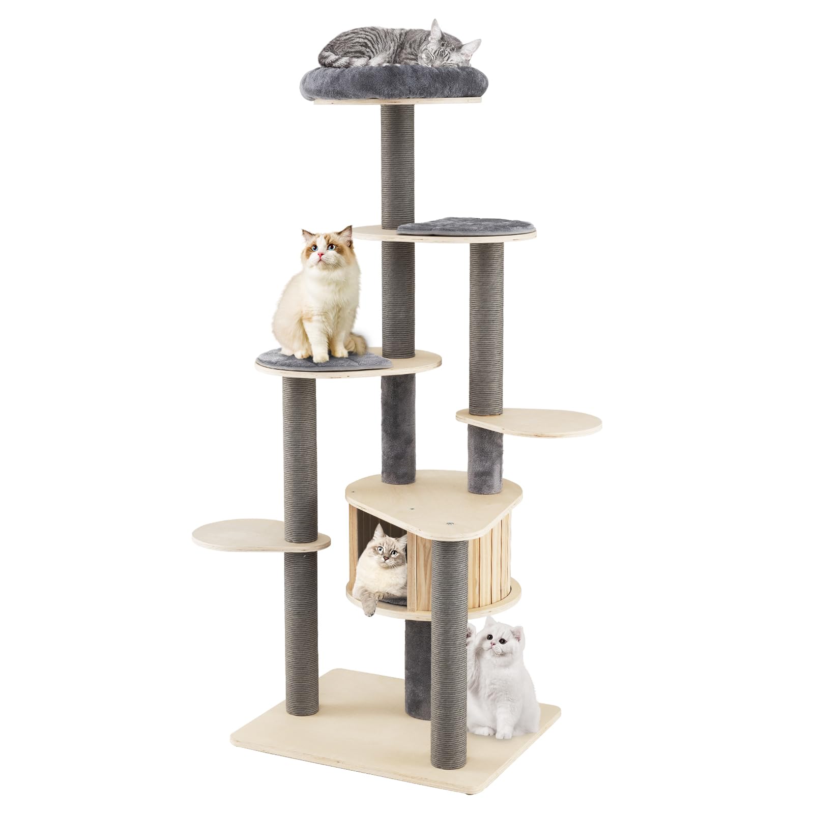COSTWAY Árbol Rascador para Gatos Grandes de 197 cm, Torre de Escalador para Gatos de Múltiples Niveles con Acolchado Superior, Casa, Alfombrillas Desmontables, Postes para Rascar, Base Estable, Gris