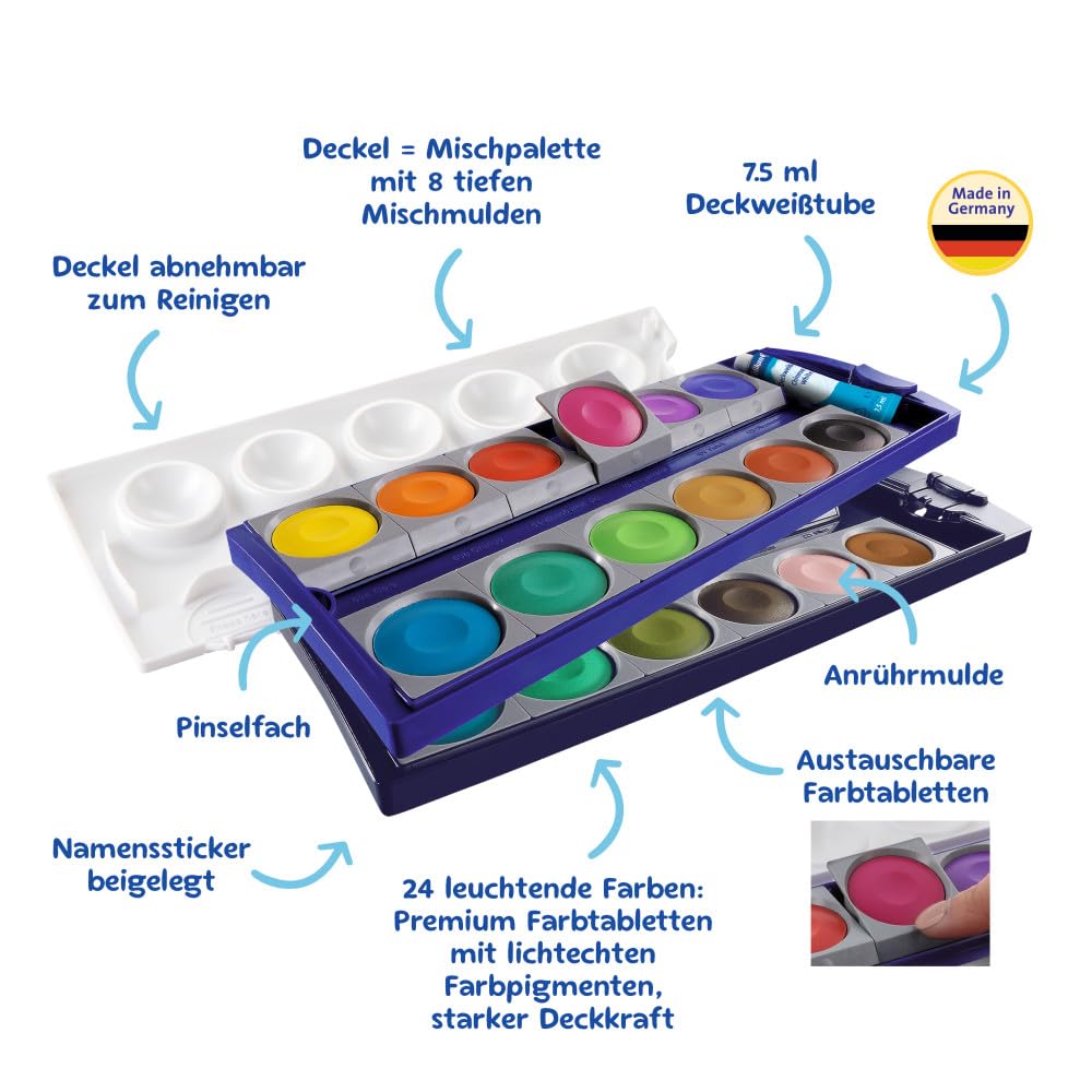 Pelikan Acquerelli, 24 Colori e 1 Tubetto di Bianco, Tavolozza Integrata, Set Colori Acquarello Per Dipingere, Set Portatile, Prodotto in Germania