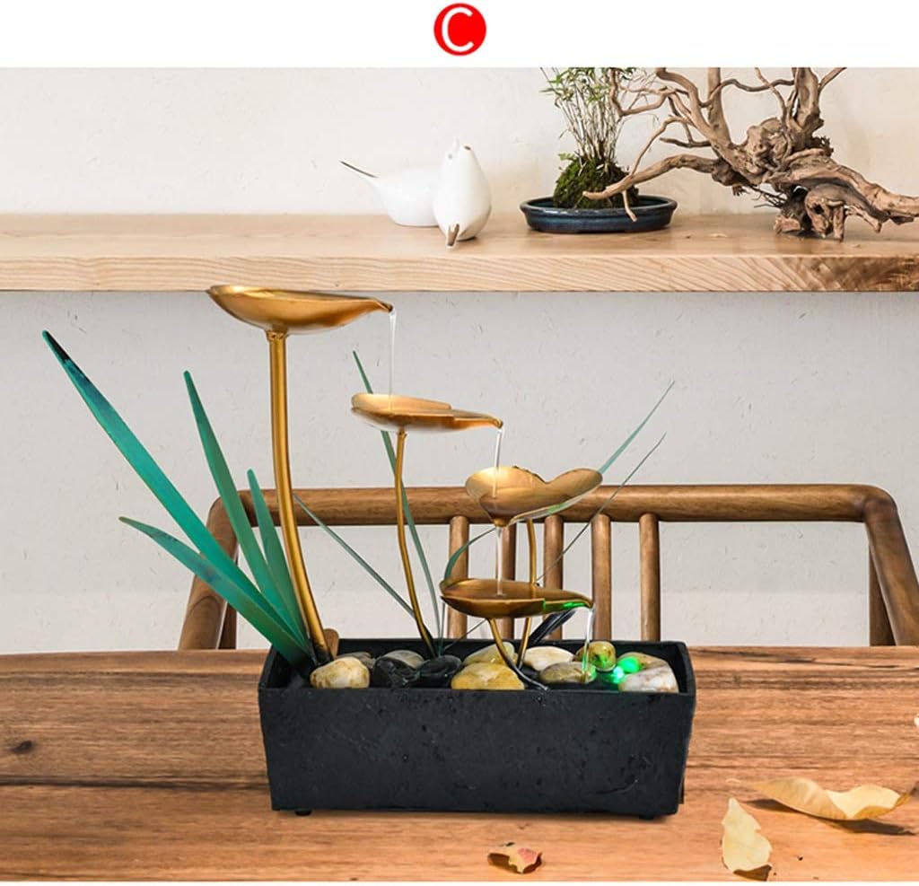 Iron Art Indoor Tabletop Fountain Water Feature LED Lights Statues Lotus Fountain Simplicity Living Room Decorations
