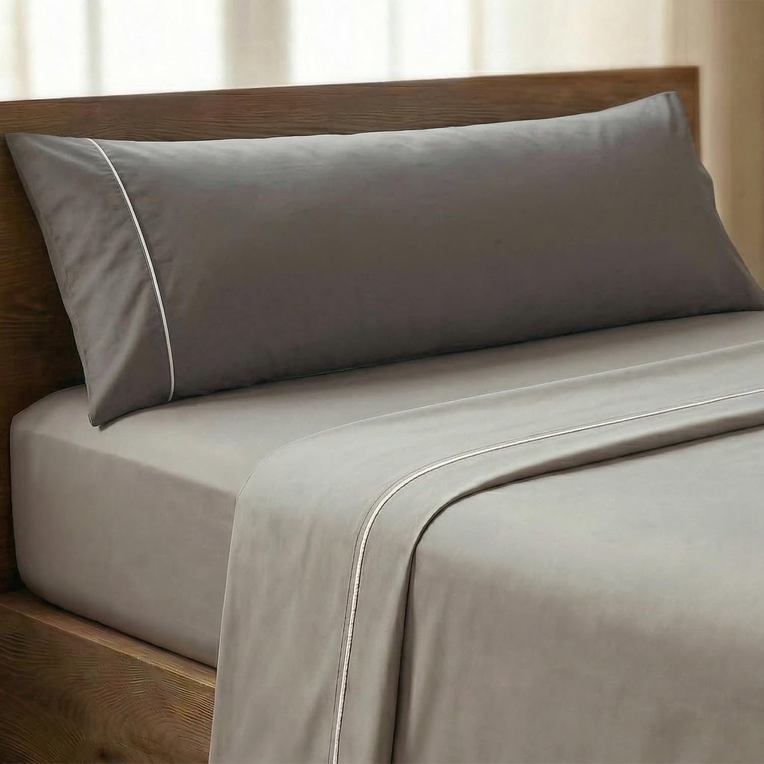 Flow – Pack 3 Juego de Sabanas Percal – Sabana Bajera 135x200x30 Cm Grey – Sabana Encimera 210 x 280 Cm y Fundas Almohadas 45 x 135 Cm, 100% Algodon Fresco 180 Hilos, Oeko-Tex®