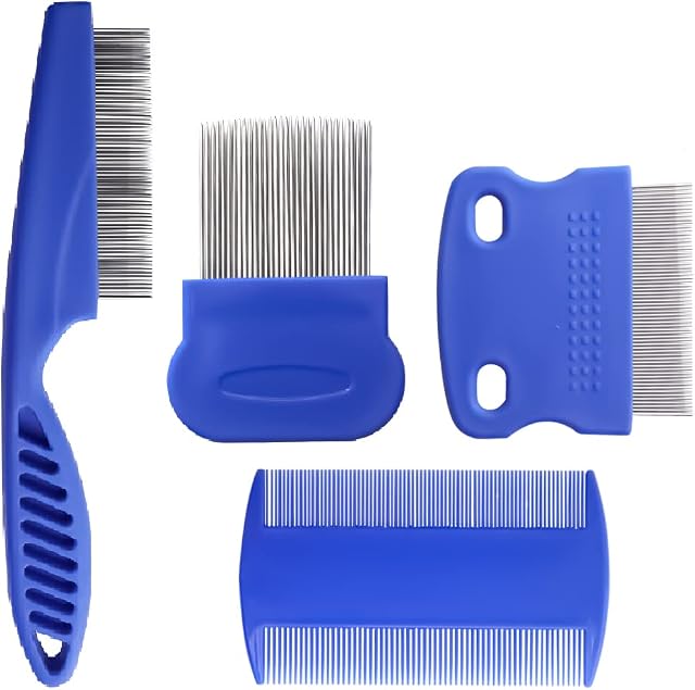 MUJGAN 4 Pack Flea Lice Comb, Stainless Steel Dog Cat Grooming Combs with Rounded Teeth, Double Sided Professional Pet Tear Stain Remover, Dematting Tool for Small, Medium & Large Pets