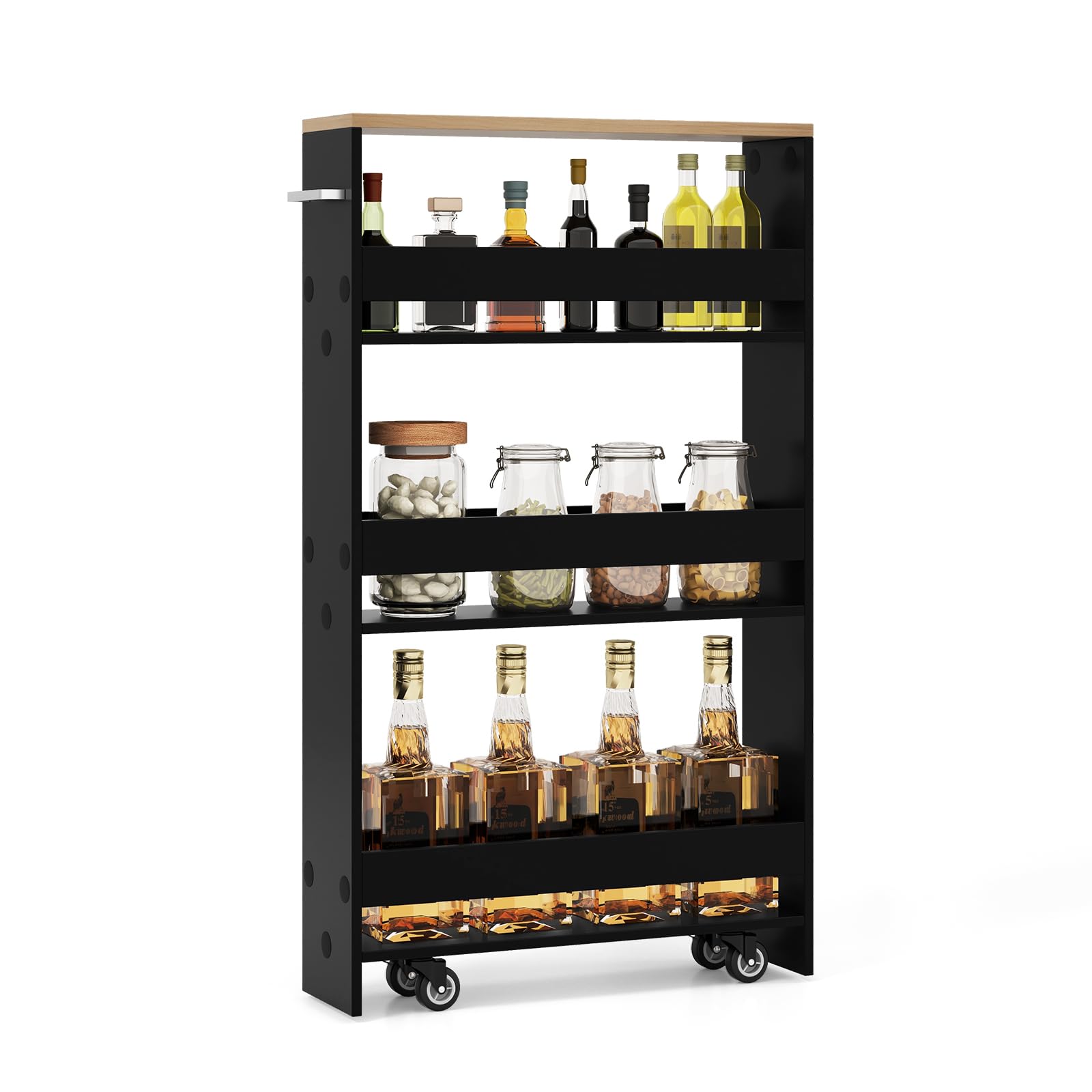 GOPLUS Chariot à roulettes de Cuisine à 4 Niveaux, 47 x 13 x 80 CM, Chariot de Rangement avec 4 roulettes Silencieuses, Poignée Latérale, Plaques de Protection (Noir+Naturel, 13CM(P)|sans Prise)