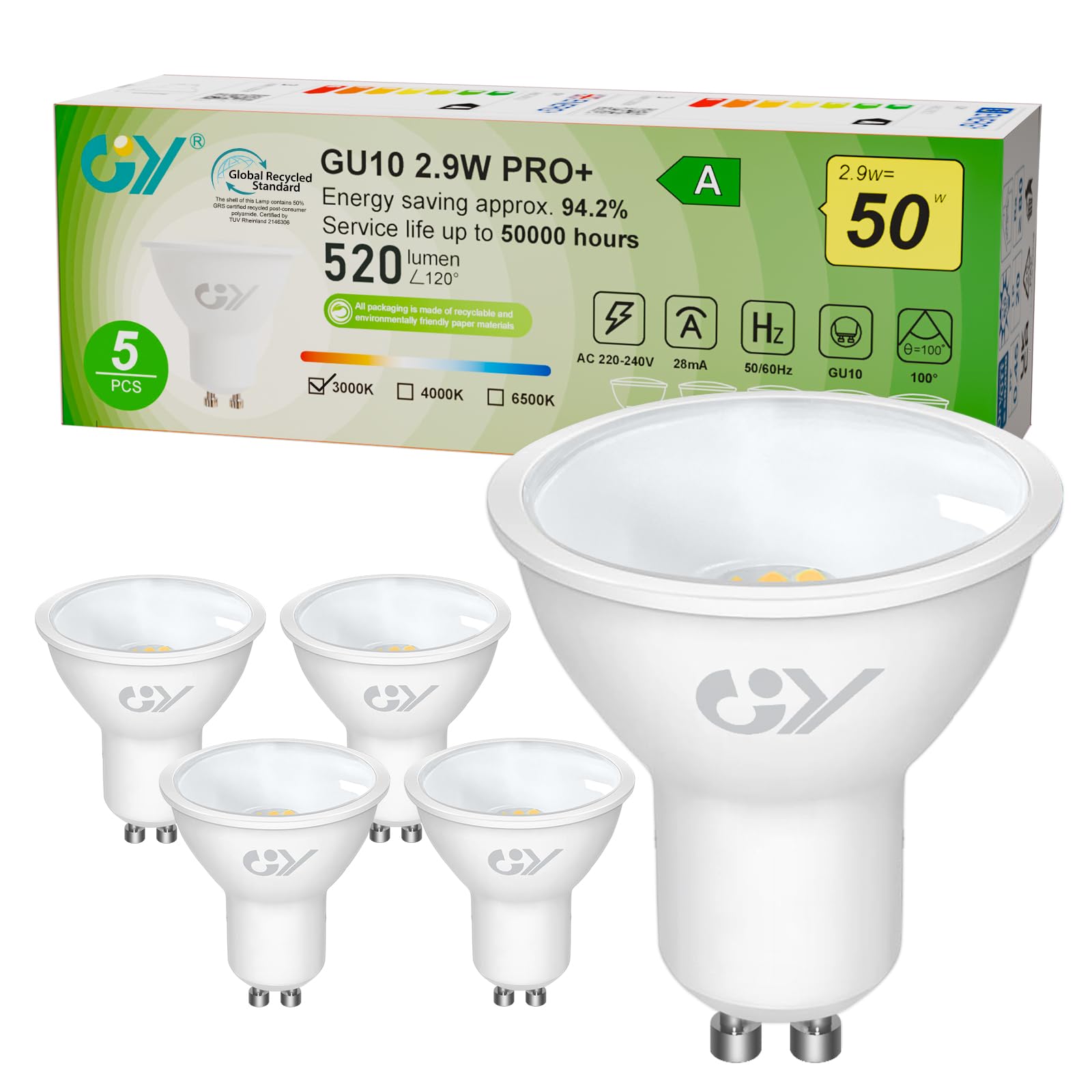 GY GY GU10 2.9W Class A Ultra Energy Efficient LED Bulb 3000K Warm White,520LM Energy Saving Equivalent 50W,110 ° Light Angle,Non-Dimmable,Pack of 5