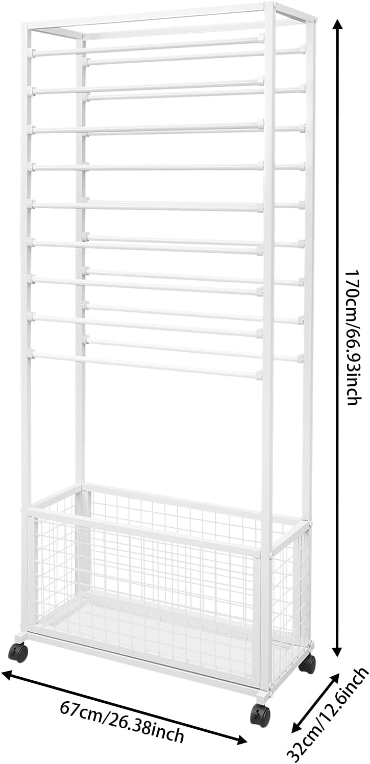 20 Tier Double-Sided Ribbon Holder Organizer with Storage Basket & Wheels, Flower Wrapping Paper Storage Stand, Ribbon Storage Display Rack for Craft Rooms, 26.4''L ×12.6''W× 66.9''H, White
