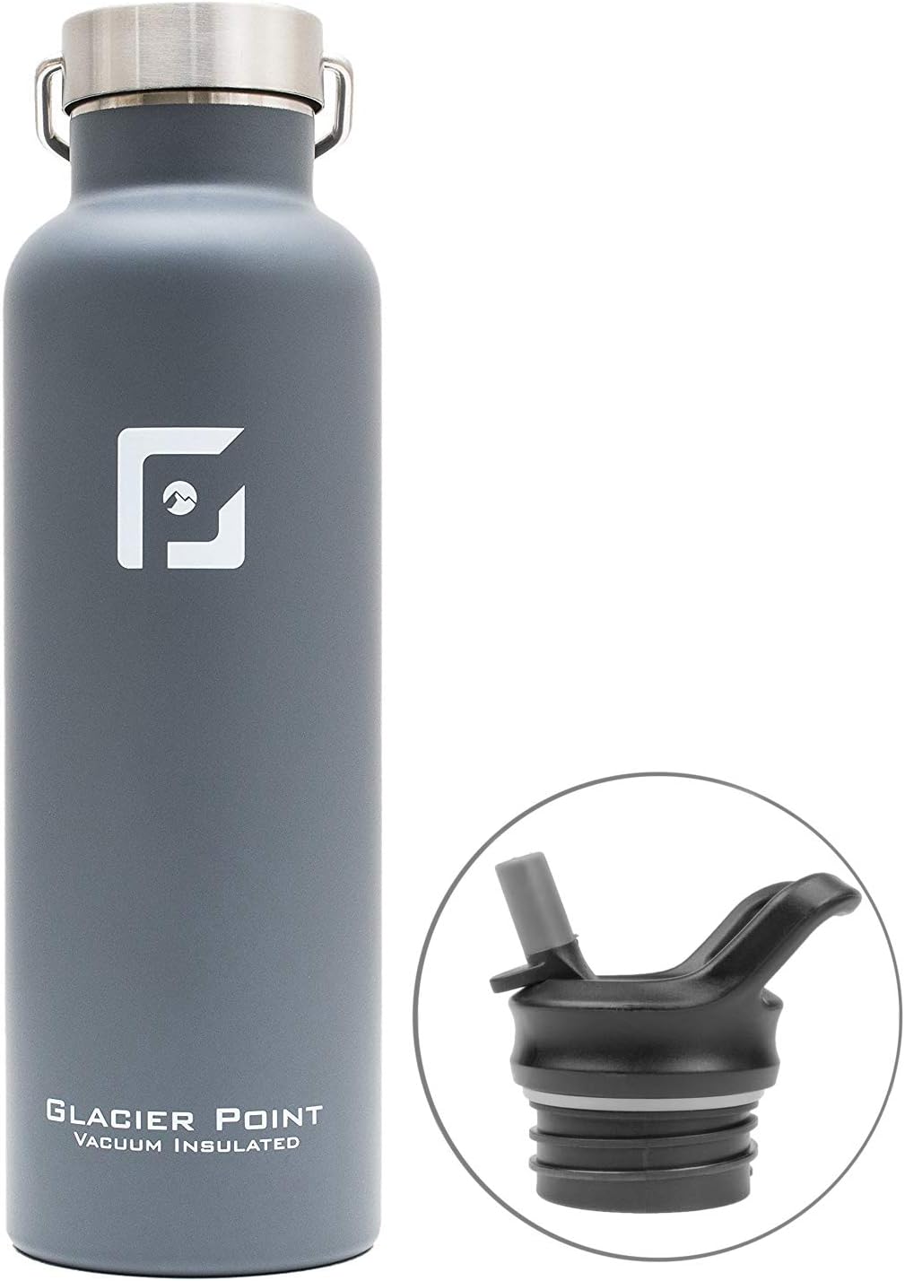 Glacier Point Vacuum Insulated Stainless Steel Water Bottle 25oz|17oz Double Walled Construction Premium Powder Coat Two Lids (Gray, 17 OZ)
