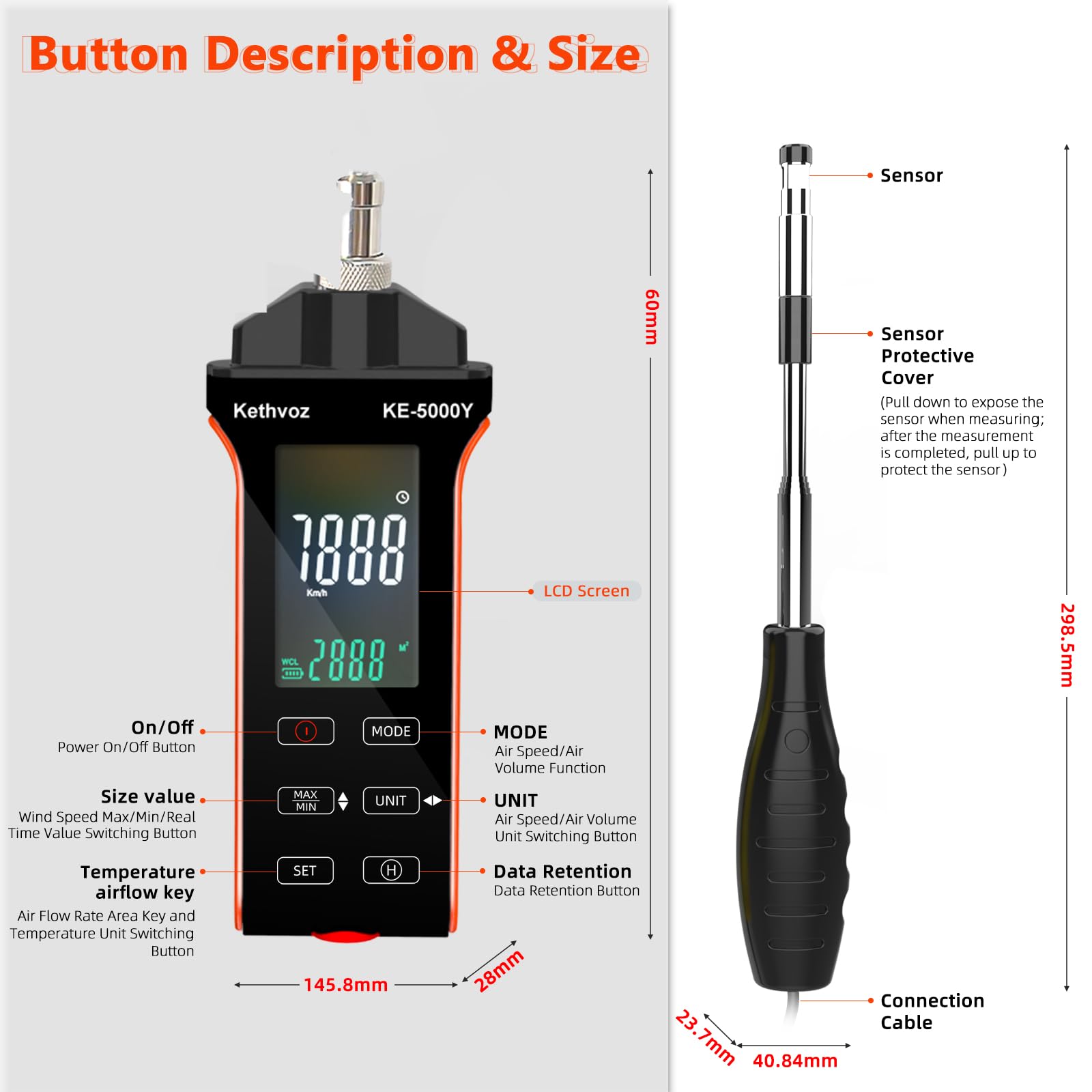 Digitales Heißdraht-Anemometer, Kethvoz HVAC Windgeschwindigkeitsmesser zur Messung der Luftgeschwindigkeit 0,1–30 m/s CFM/CMM Windstrom 0–999900 ft3/min Temperatur Feuchtigkeit