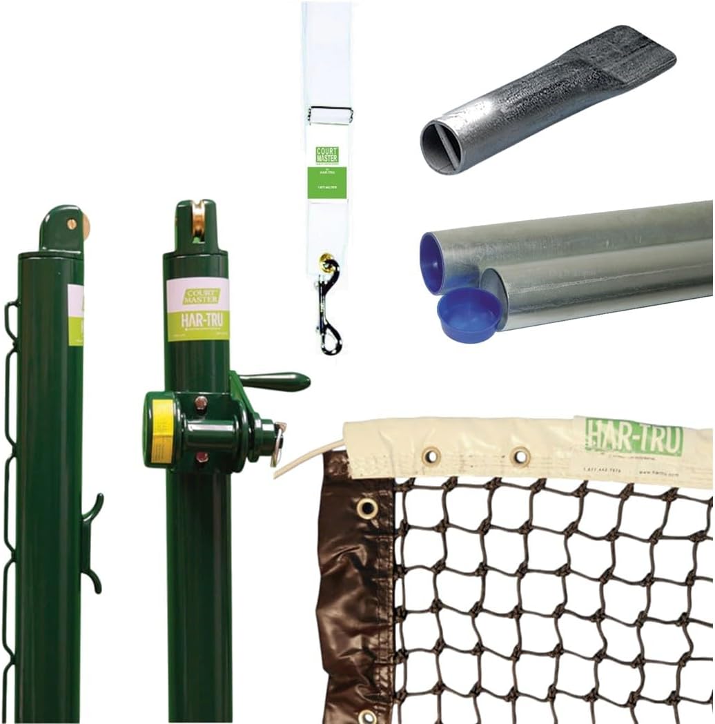 Har-Tru Steel Tennis Posts – Permanent Court Kit – 2 7/8” Round, External Wind, Green – Optional Ground Sleeves