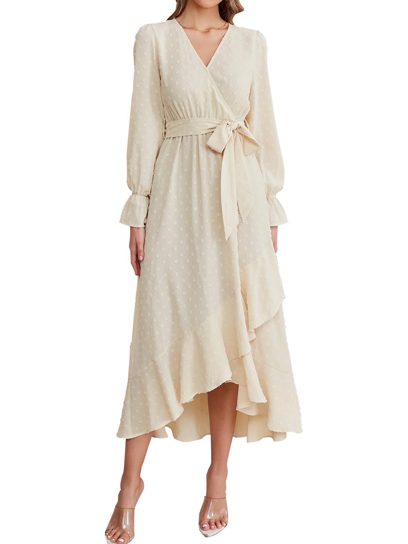 KUTUMAIWomen 2024 Summer Maxi Dress V Neck Swiss Dot Wrap Belted Ruffle A Line Flowy Boho Wedding Guest Long Dresses