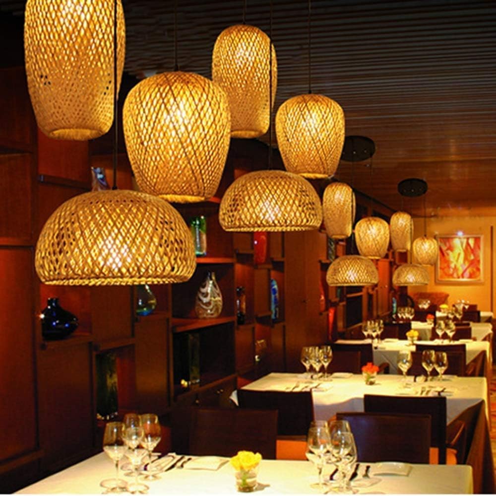 COCOL Hängelampe aus Bambus, gewebt, Retro, Landschaft, Korridor, Hängeleuchte, handgewebt, dreiteiliges Set, E27, Bambus, Natur, Wohnzimmer, Esstisch, Esszimmer, Kronleuchter, dekoratives Licht