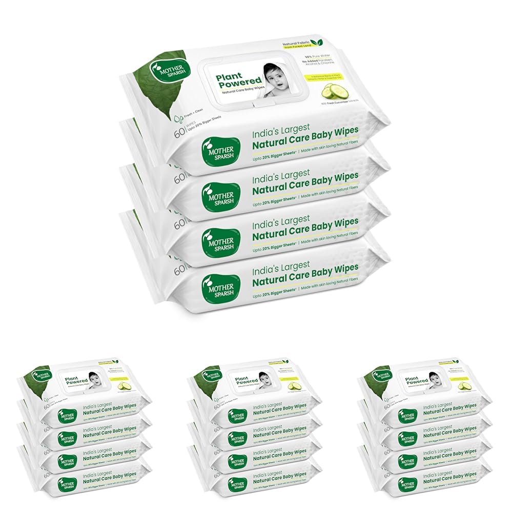 Mother Sparsh Natural Care Baby Water Wipes I 100% Plant Made Fabric From Forest Land | Plant Powered Wet Wipes with Cucumber Extract For Baby I Cotton Cloth Like Bigger Sheets | 60 Pcs (Pack of 16)-image-3