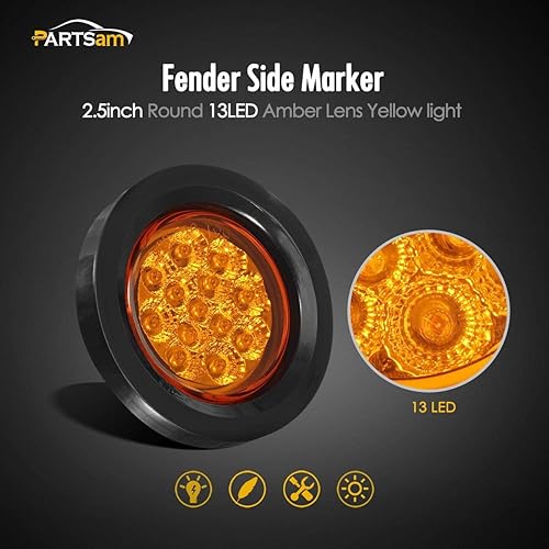 Miniatura 2 de Partsam Juego de 10 luces LED redondas ámbar de 2.5 pulgadas, 13 diodos con ojal de luz y alambre para remolque, remolque, remolque, rv, resistente