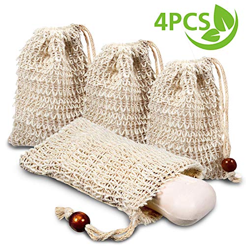 Samione Sac à Savon en sisal, 4 pièces Filet à Savon/Naturel Sachet à Savon/Sac à Savon Bio/éponge à Savon, Soins de la Peau de Bain Accessoires