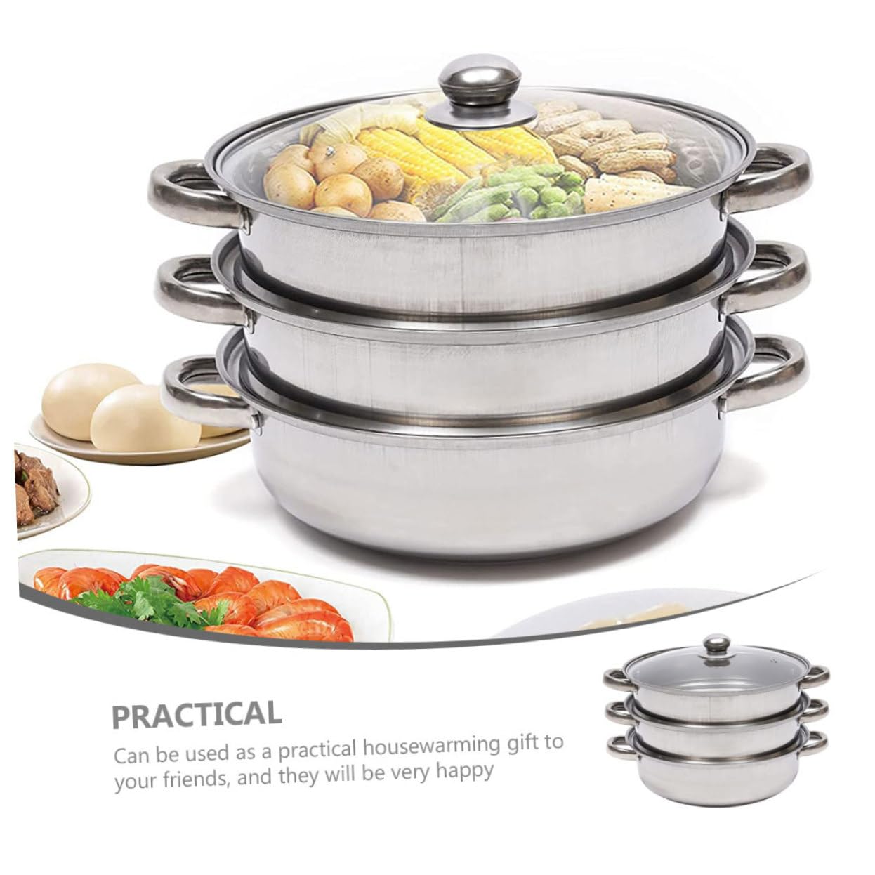 Vaporera de Cocina de Acero Inoxidable 28cm de 3 Niveles para Cocinar