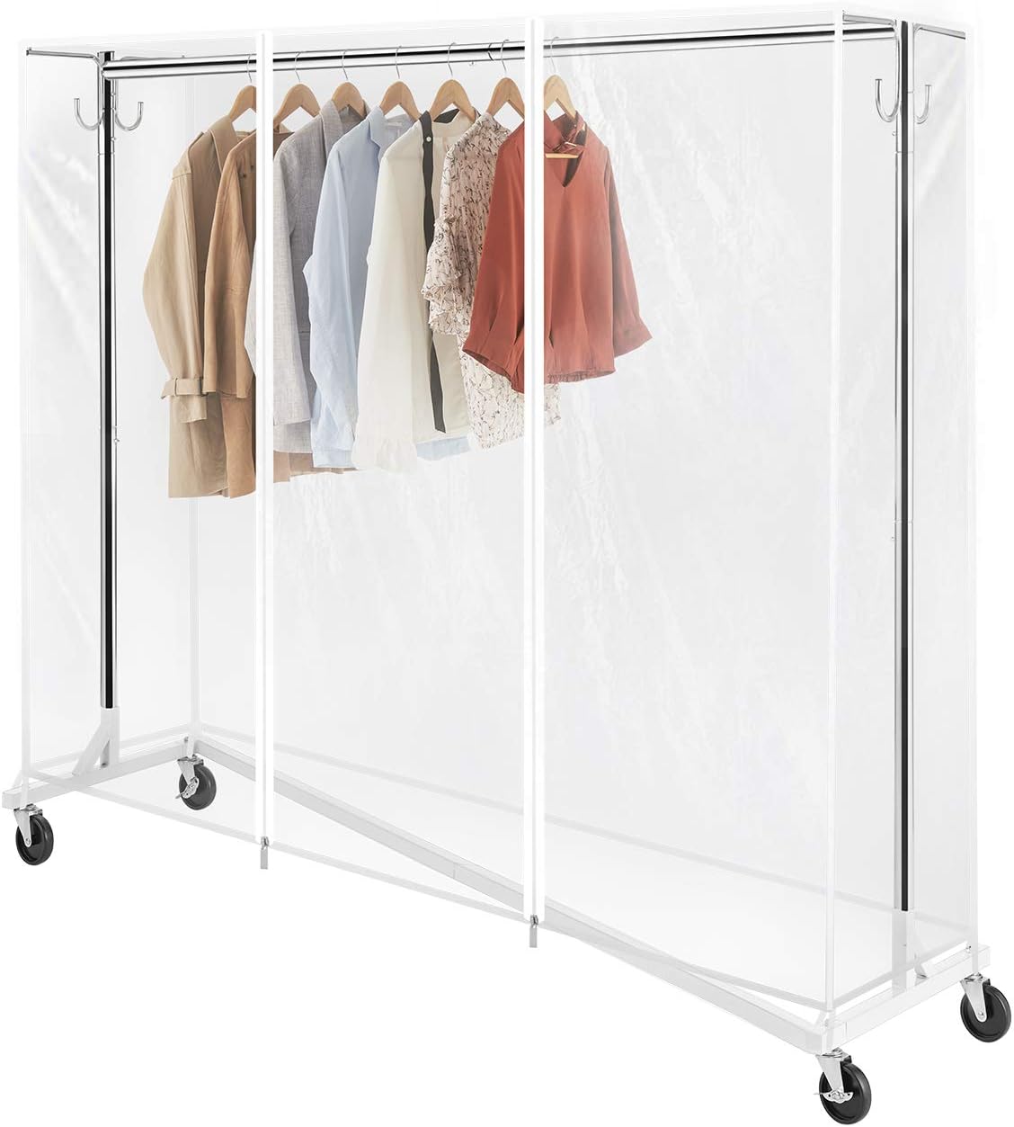 GREENSTELL Clothes Rack with Cover & Tube Bracket, Industrial Pipe Z Base Clothing Garment Rack on Wheels with Brakes, Heavy Duty Sturdy Square Tube Garment Rack White (59x24x68 inch)