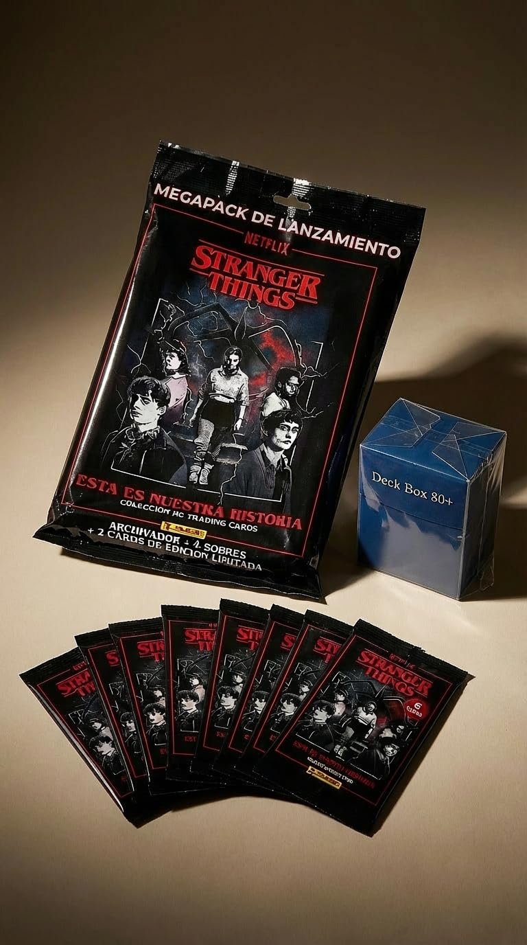 Panini Stranger Things Megapack de Lanzamiento, Colección HC Trading Cards, con 8 Sobres Extra y Deckbox 80 para Guardar los cromos repetidos
