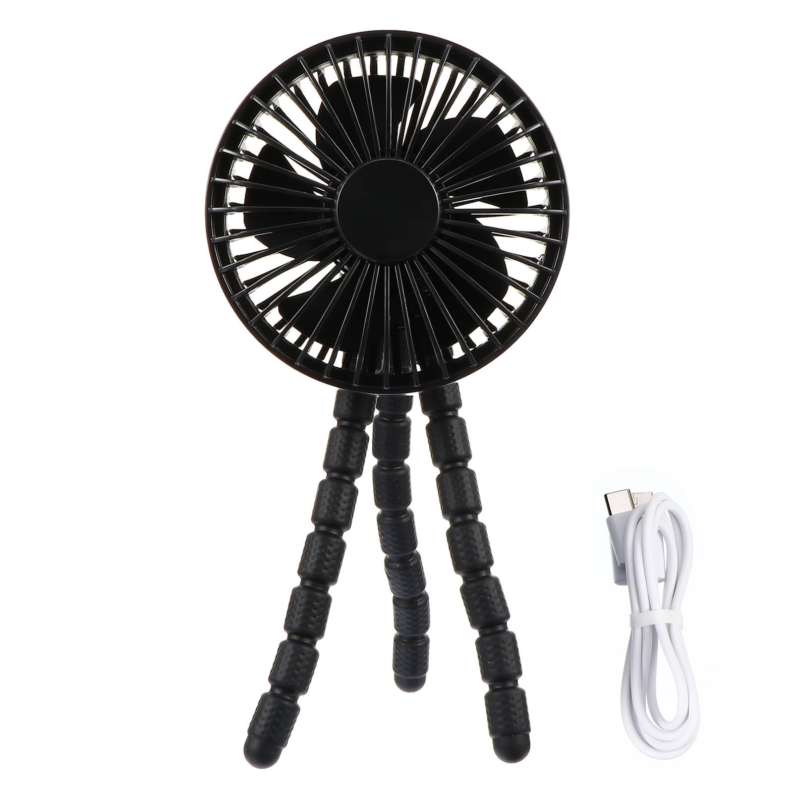 Ventilador recargable portátil para cochecito de, trípode flexible, enfriamiento, tres velocidades, negro, ABS y PP, para verano y exterior